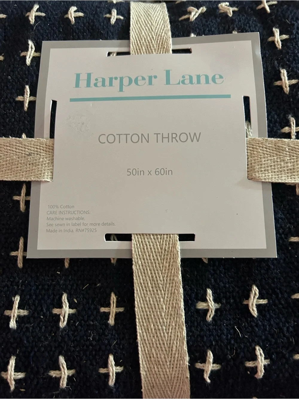 Harper Black Cotton Throw with Cream Cross Stitch Accents